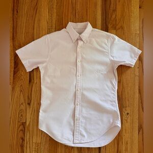 Club Monaco Mens Small Shirt Slim Fit Short Sleeve Pink and White Stripe Oxford